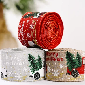 5M Christmas Burlap Ribbon Xmas Tree Red Truck Wire Edge Gift Wrapping Craft - Picture 1 of 15