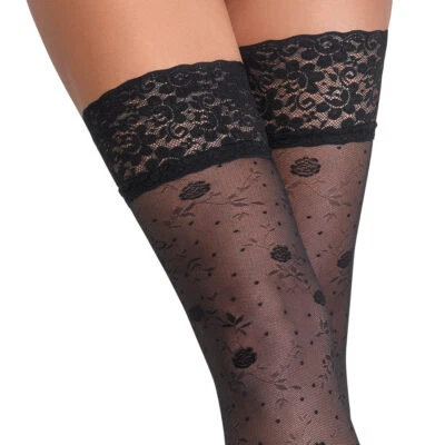 Sexy Halterlose Strümpfe S-XL schwarz breite Spitze Rosen-Muster Nylons "Stiney" - Bild 1 von 4