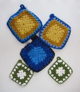 VTG Granny Square Kitchen Handmade Double Thick Crochet Pot Holders 5 pc - Picture 1 of 7