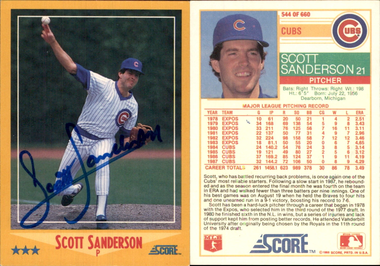 Scott Sanderson Signed 1988 Score #544 Card Chicago Cubs Auto AU