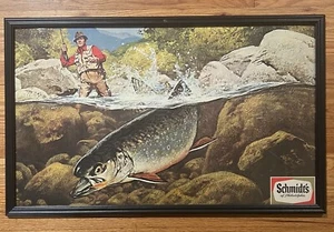 Vintage SCHMIDT’S Beer Framed TROUT FLY FISHING Scene Advertising Bar Sign 🎣 - Picture 1 of 9