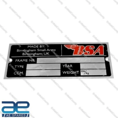 BSA DATA PLATE GOLD STAR BSA A50 A65 A75 SPITFIRE VICTOR ROCKET 3 - Imagem 1 de 4