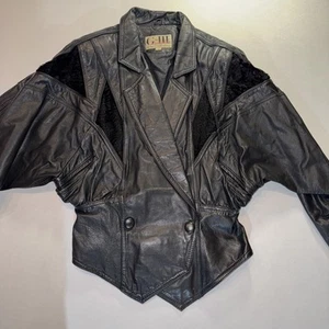 Vintage G-III Black Leather Cropped Bomber Jacket Womens Small Fur Inset, 80s - Picture 1 of 11