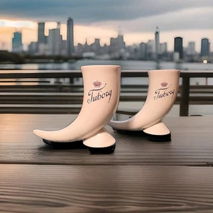 Pair of Vintage White 1970's Tuborg Horn Steins Ceramic Beer Ale Mugs Original  - Picture 1 of 13