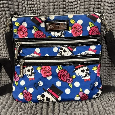 Betsey Johnson - Crossbody Bag 11x11" - Love Skull with Roses - Nylon Adj Strap - Image 1 of 4