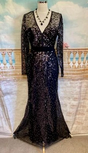 Dress 12 14 Black Sequin Goddiva Fishtail Deco 1920 Gatsby Evening Ballgown - Picture 1 of 10