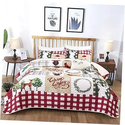  Christmas Quilt Set Rustic Christmas Tree Snowman Cardinal Holiday King Beige - Image 1 of 4