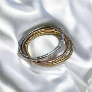 3er Set Goldenclef Italien 14k dreifarbige leichte Mesh Gummi innen Armbänder - Bild 1 von 7