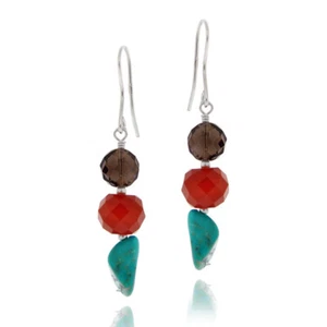 925 Silver Multi Nuggets And Lab Created Turquoise Cluster Dangle Earrings - Picture 1 of 3