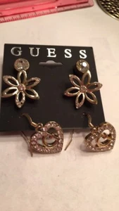 NWT Guess Gold-Tone Metal Clear Rhinestones Stud-Flower-Heart Drop Earrings/3 - Picture 1 of 1