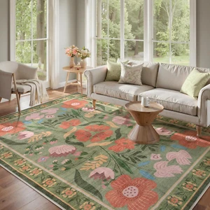 Floral Washable Area Rugs for Living Room, Floral Washable Rugs 8X10 for Bedroom - Picture 1 of 7