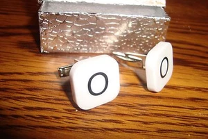 " O " Monogram Letter Initial Cufflinks 1 Pair (Two) * White-Black Silver Plate  - Picture 1 of 3