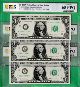 NEAR SOLID 22222216 TO 71 $1 2017 Federal Reserve Note CHOOSE ONE OF 3 PMG 65 - Picture 1 of 2