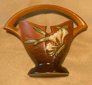 Roseville Keramik braun Tangerine Freesia #390 7 Zoll Korb Vintage Roseville USA - Bild 1 von 6