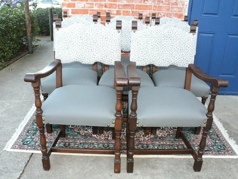 Set of 8 French Antique Renaissance Oak Wood Upholstered Chairs ~  Blue Gray ~ Cover