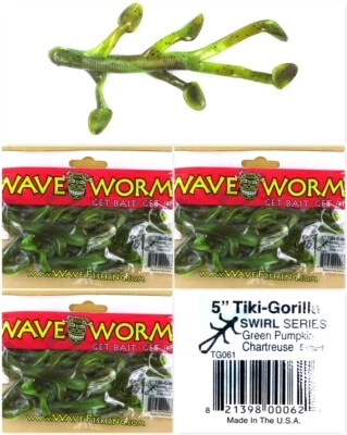 (3) Paquetes sin abrir Plásticos Ondulados 5" Tiki-Gorila Verde Calabaza Chartreuse Nuevo Foto 1 de 4
