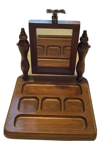 Vintage Rustic Wood Swivel Vanity Shaving Dresser Mirror Men’s Valet Tray Eagle Cover
