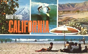 Postal 1968 Hello from California Golden State of Contrasts Beach Mountains - Imagen 1 de 2