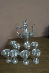 Set of Chinese Pewter Barware Decanter & 8 Goblets Cordials Etched Foo Dog - Picture 1 of 9