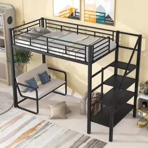 Twin Size Bed Frame Metal Bed Loft Bed with Bench and Storage Staircase Bedroom - Picture 1 of 14
