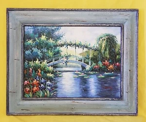 Hand Painted Water Lilies and Bridge Scene on Canvas 17"x21" Inches - Picture 1 of 12