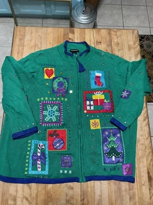 Suéter de Navidad vintage Jason Maxwell para mujer XL verde azul con lentejuelas Foto 1 de 4