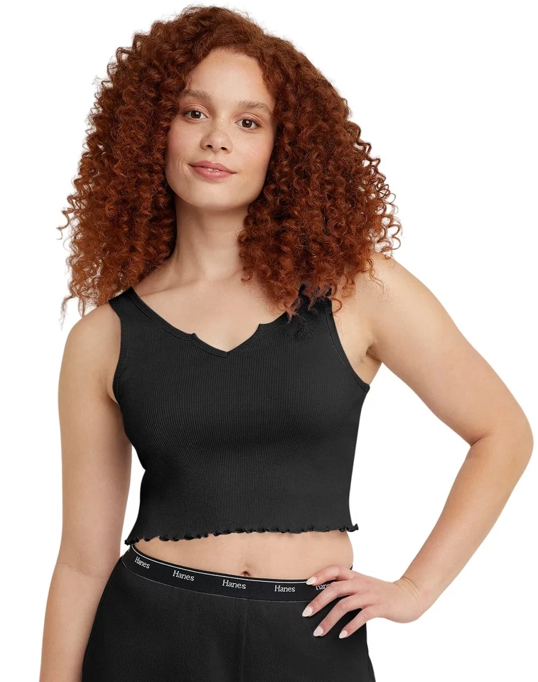 Camiseta sin mangas Hanes Originals para mujer recortada acanalada con borde de lechuga 2XL negra Foto 1 de 1