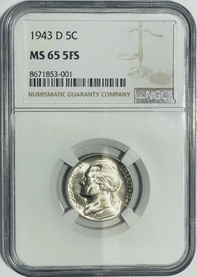 1943-D Jefferson nickel graded by NGC MS65 5FS - 35% Silver War Nickel - Image 1 of 2