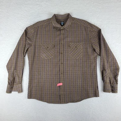 Camisa KUHL Hombres XL Marrón Azul Cuadros Viscosa Poliéster Solapa Bolsillo Vestido Abotonado Foto 1 de 4