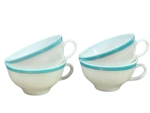Set of 4 VTG TEA or COFFEE CUP PYREX BLUE BAND Milk Glass Turquoise Aqua Rim USA - Picture 1 of 15