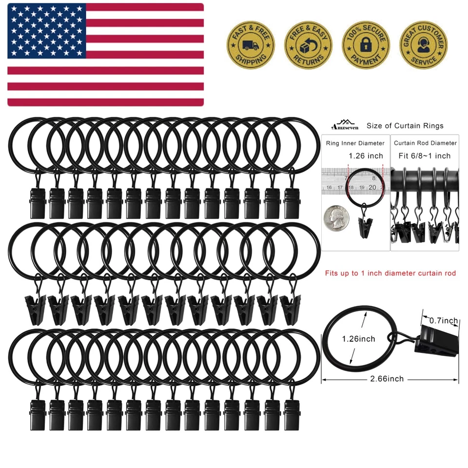 Curtain Rings With Clips Decorative Drapery Rustproof Vintage Black 40 Pack