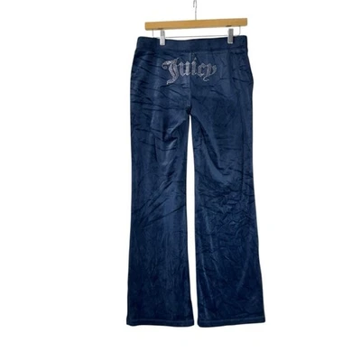 Juicy Couture Navy Velour Track Y2k S Pants Rhinestone Logo Low Rise Flare Retro - Image 1 of 4