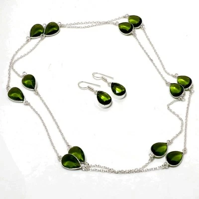 Cadena + pendientes de joyería de diseño antiguo regalo hecho a mano piedras preciosas con forma de pera de peridoto Foto 1 de 4