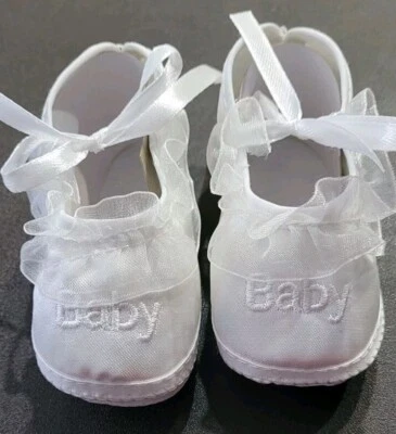 Baby Girls' White Christening Shoes Baptism Shoes Baby Girls Bow Shoe Lace New - Image 1 of 4
