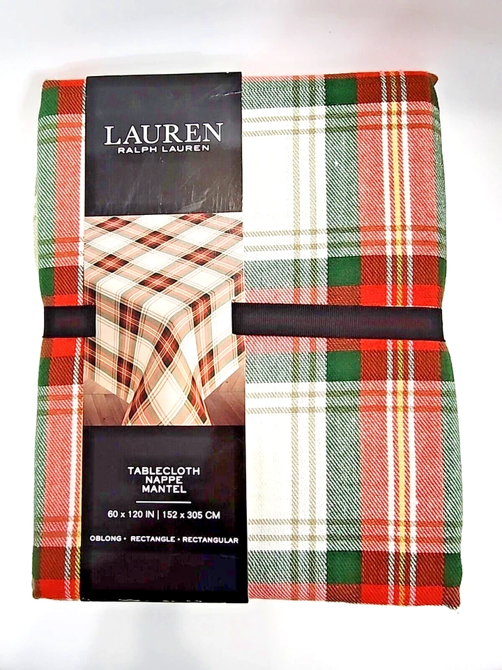 Lauren Ralph Lauren tartan plaid tablecloth red green white rect cotton+poly NWT - Image 1 of 3