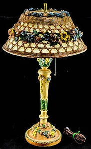 ANTIQUE VERY SCARCE FRENCH GESSO BARBOLA WICKER FLORAL TABLE LAMP - Picture 1 of 12