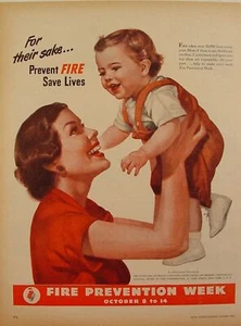 1950 Fire Prevention Week Mother & Baby Print Ad - Picture 1 of 1