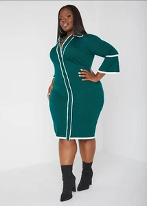 Ashley Stewart Bell Sleeved Sweater Dress Size 18/20 Green  - Picture 1 of 3