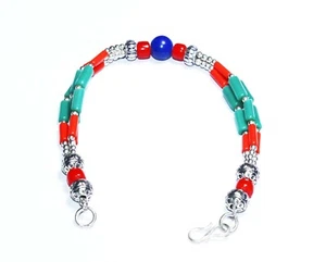 Turquoise Lapis Red Coral Amber Gemstone Handmade Nepali Bracelet 7-8.5Inches - Picture 1 of 5