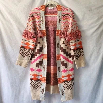 Cardigã THML Anthropologie suéter tamanho médio espanador boho borla franja hippie - Imagem 1 de 4