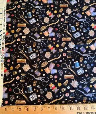 Elizabeth Studios Sewing Ephemera Fabric Thread Scissors Thimble Pins 17” By 44” - Image 1 of 2
