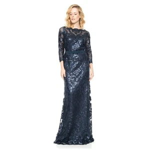 Tadashi Shoji Paillette bestickt Spitze 3/4 Ärmel Kleid Marine Größe 12 - Bild 1 von 8