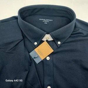 Charles Tyrwhitt Jersey Dress Shirt Mens Button Down Collar Navy Blue Large - Picture 1 of 8