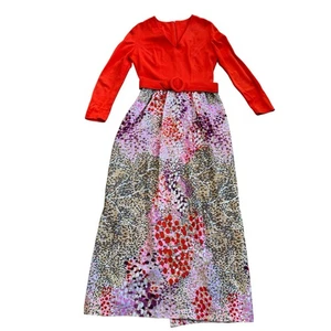 VTG 70s Maxi Dress Long Sleeve Retro MOD Belted V Neck Juniors Sz 13/14 READ - Picture 1 of 6