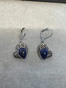 Pendientes corazón filagrana plata 925 firmados lapislázuli NK A143 - Imagen 1 de 13