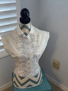 vintage Hand embroidered Off White , Sleeveless Blouse,shirt M - Picture 1 of 7
