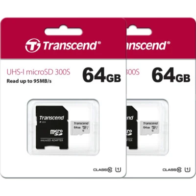 2 Transcend 64GB Micro SD SDXC Class 10 Memory for Smart Watch, Phone, Tablet  - Image 1 of 3