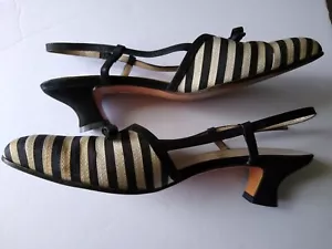 Vintage Ferragamo Black & White Striped Women's Fabric Slingbacks in 7AAA - Picture 1 of 5