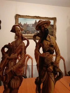  Antique Chinese hand carved statues made of resin, Man and Woman! - Picture 1 of 9