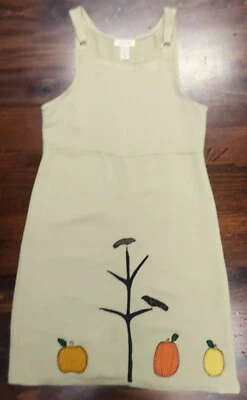 Vtg Cherokee Jumper Dress--Women's M--Fall Pumpkin Bird Applique-Khaki Gabardine - Image 1 of 4